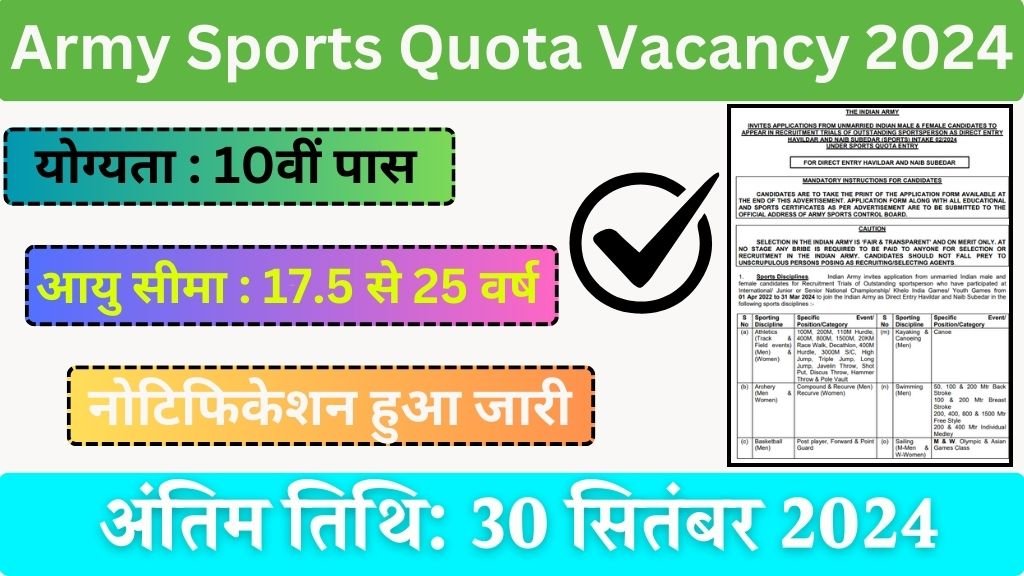 Army Sports Quota Vacancy: इंडियन आर्मी में हवलदार और नायब सूबेदार के पदों पर भर्ती का नोटिफिकेशन जारी