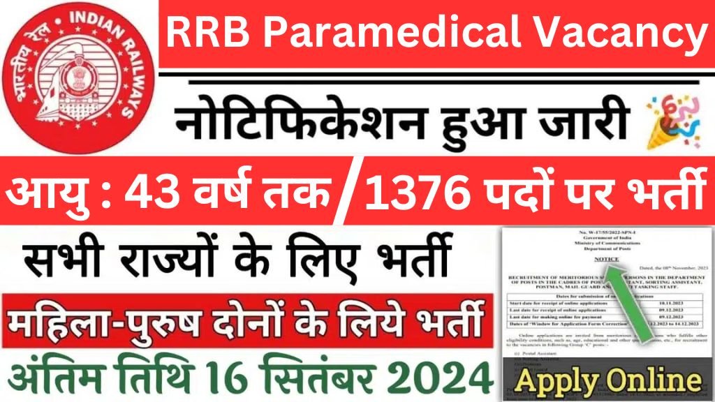 RRB Paramedical Vacancy: रेलवे पैरामेडिकल स्टाफ भर्ती का 1376 पदों पर नोटिफिकेशन जारी