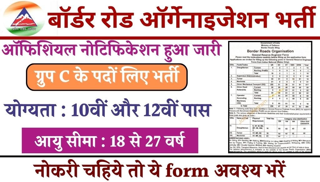 BRO Vacancy: बॉर्डर रोड ऑर्गेनाइजेशन में 10वीं पास 466 पदों पर भर्ती का नोटिफिकेशन जारी